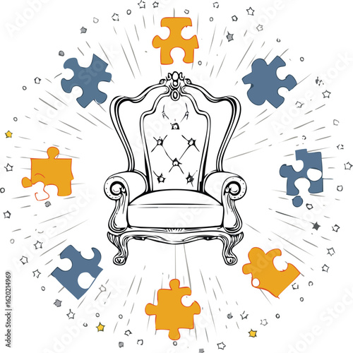 Conceptual Illustration of Elegance and Strategy with Throne and Puzzle Pieces