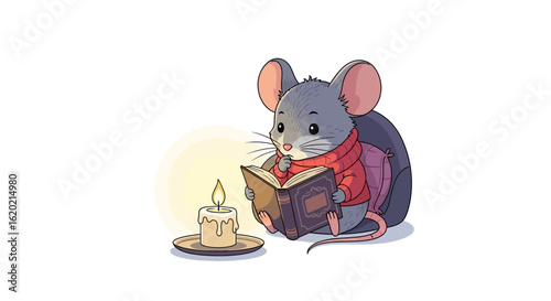 Cozy animal illustration. Adorable mouse in a red sweater sitting beside a candle and reading a book with soft lighting on white background. Cute storytelling concept. Vector art.