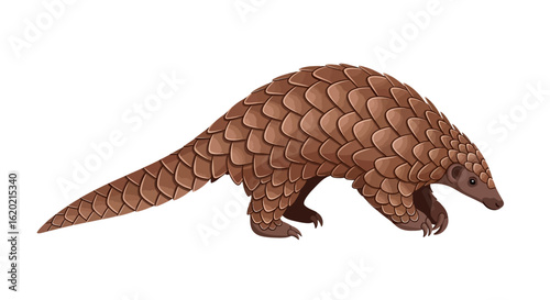 Pangolin illustration. Detailed side view of pangolin with brown scales, elongated snout, and curved claws, showcasing its unique armored body. Wildlife and endangered species concept.