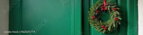 Wallpaper Mural A rustic Christmas wreath of evergreen branches adorns a vibrant green door , front door, stock photo Torontodigital.ca