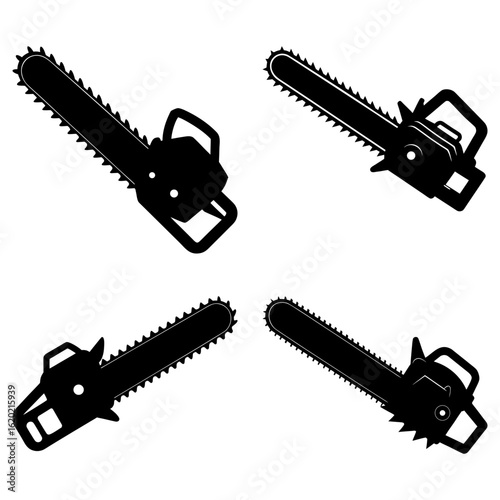 Four black and white chainsaw illustrations arranged in a square formation on a white background