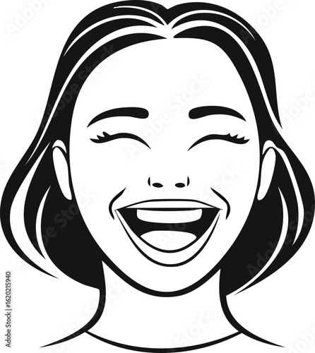 Minimalist illustration of a happy woman, expressive laughter and elegant lines