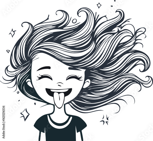 Playful girl sticking out her tongue with stylized hair and sparkling details