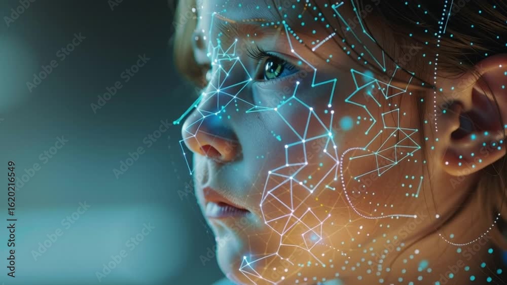 Looping animation of a child’s face with a glowing biometric mesh and floating data particles. Futuristic digital identity concept in soft ambient light, photorealistic style, no text or logos.