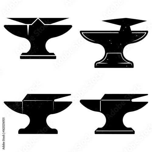 Four anvils in black and white showing different styles and designs of blacksmithing tools isolated