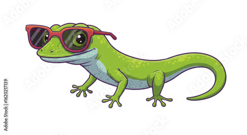 Playful Green Gecko Wearing Sunglasses Pixel Art Illustration