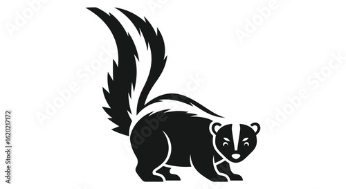 Skunk illustration. Monochrome silhouette design featuring a skunk with its tail raised in a defensive stance. Animal behavior and wildlife concept. Vector icon graphic.