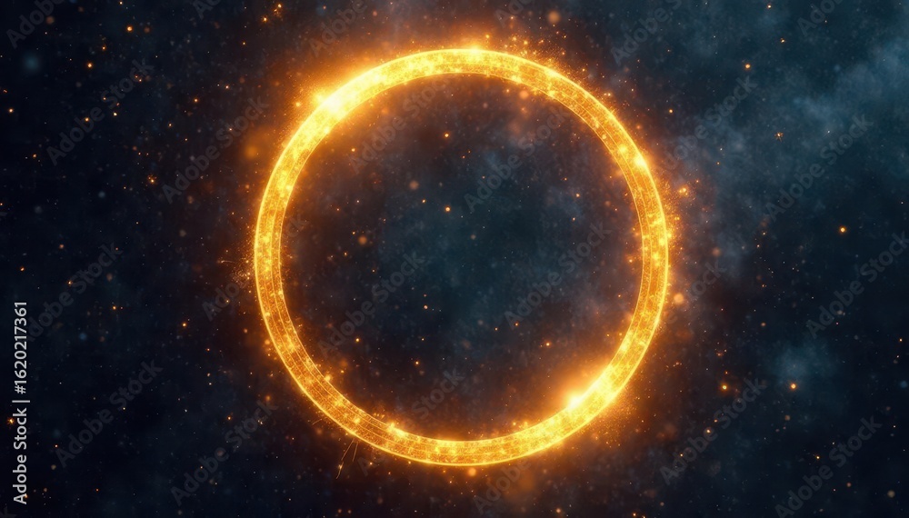 Obraz premium Golden ring of light hovering on a dark canvas with an otherworldly sheen, glowing effect, celestial glow