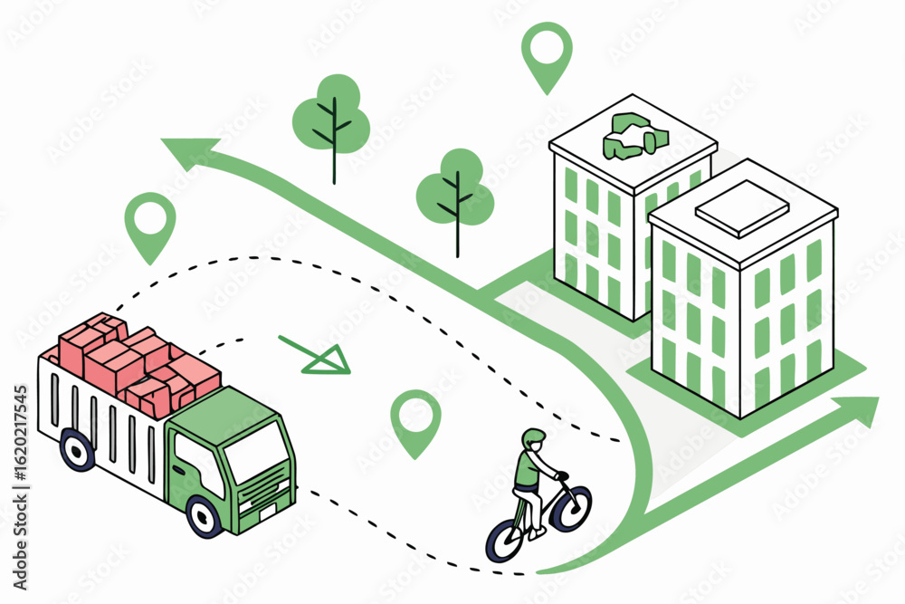 Obraz premium Isometric illustration depicting a delivery truck and bicycle navigating a city route with packages