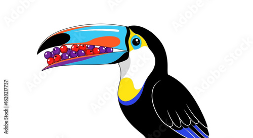 Toucan illustration. Colorful tropical bird with a vibrant beak holding red and purple berries in its bill, showcasing exotic wildlife and jungle theme. Nature concept. Vector art.
