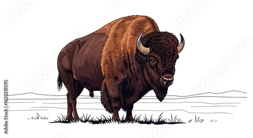 Wildlife illustration of American bison. Detailed drawing of a buffalo standing in a grassy field with a plains background, showcasing its muscular build and iconic horns. Nature conservation...
