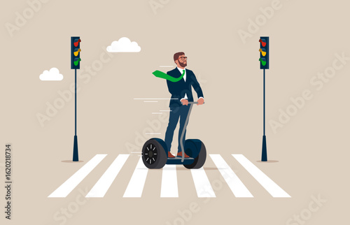 Businessman on electric Segway Traveling to Work. Crossing Road by Crosswalk with Zebra Markup. Flat vector illustration.