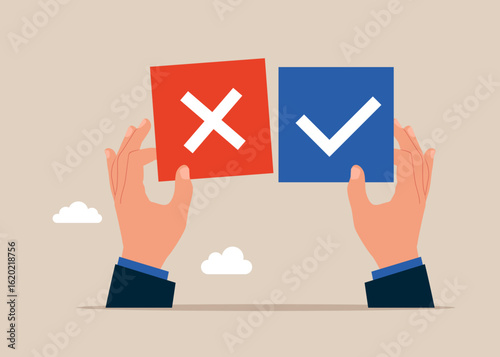 Hands with signs choosing option between yes and no. Choice, problem and decision concept. Flat vector illustration.