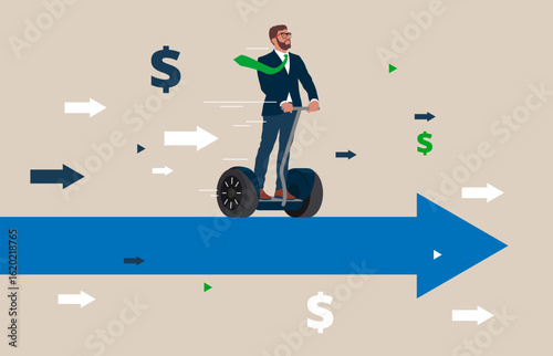 Businessman Steering Segway. Goal Achievement and Leadership. Flat vector illustration.