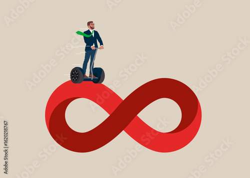 Businessman on Segway riding traveling on never ending infinity loop. Business cycle, infinity routine job or career path, competition to success, impossible illusion.