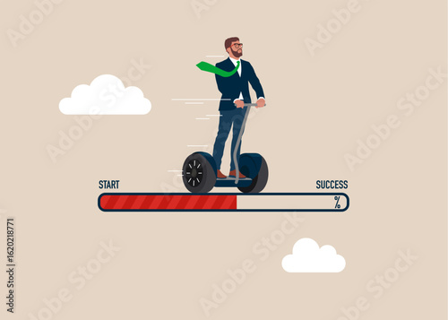 Businessman on a Segway Traveling to from the start to success.  Challenge your progress and win the race. Flat vector illustration.