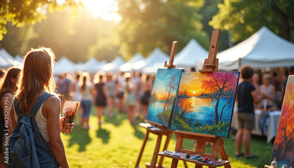 Fototapeta premium Sunny outdoor art festival showcases vibrant paintings, sculptures under tents. People admire colorful canvases, interact with displays. Celebration of local culture, creativity, summer leisure.