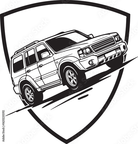 Bold Off Road Vehicle Emblem A Rugged SUV Conquers a Sloping Terrain Against a Shield Backdrop A Symbol of Automotive Prowess