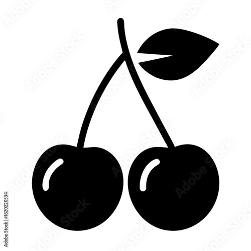 Stylized black silhouette of a pair of cherries with a leaf