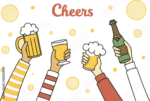  "Cheers" Celebration: Illustrated Hands Toasting with Beer & Champagne
