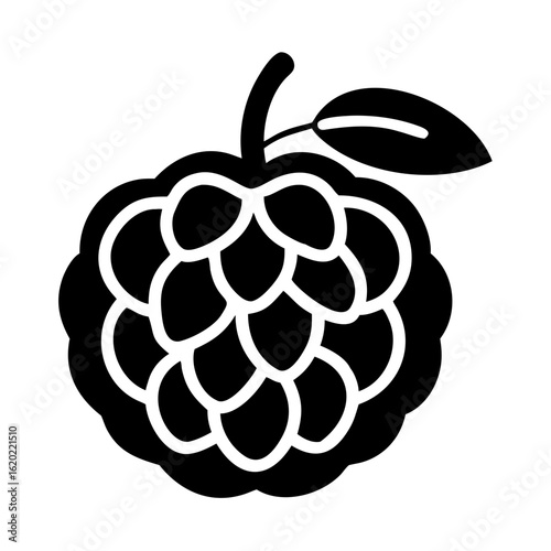Monochrome Annona squamosa fruit silhouette with stem and leaf, isolated on white