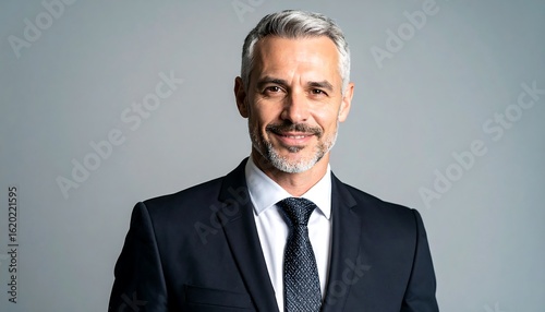 Headshot of a middle-aged man in a dark suit, smiling gently against a gray background