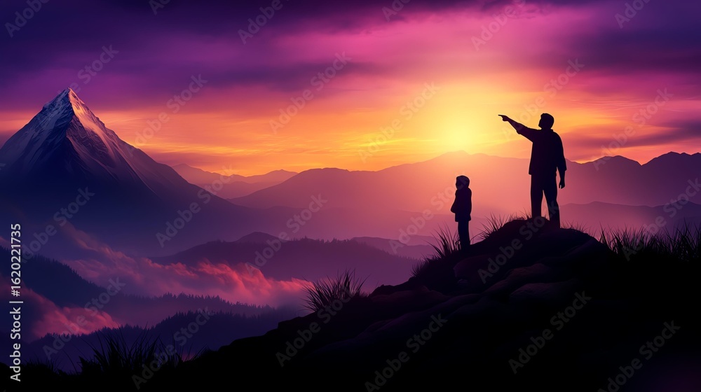 Fototapeta premium A parent and child enjoy a stunning sunset view from a mountain peak together.