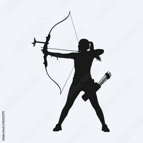 Silhouette of a female archery athlete on a white background