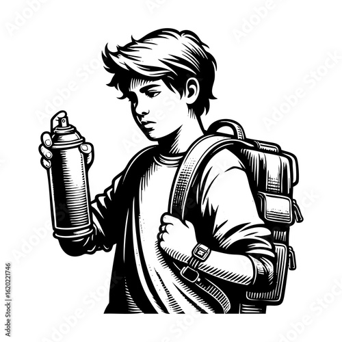Boy spray graffiti sketch engraving black and white outline. Scratch board imitation. illustrated in vintage line art style on a white background.