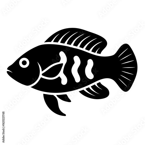 Simple graphic of a black and white fish with distinct markings