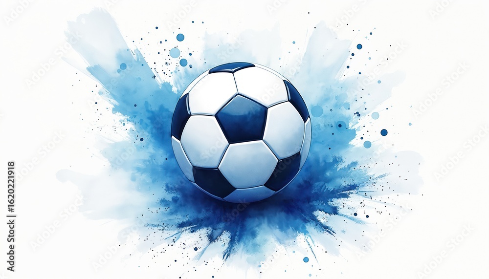 Fototapeta premium Dynamic watercolor painting captures soccer ball in motion, surrounded by energetic blue splashes, splatters. Artwork highlights passion, skill, excitement of sport, perfect for sports media,