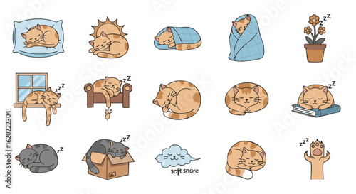 Sleepy cats flat vector icon set, 15 nap positions