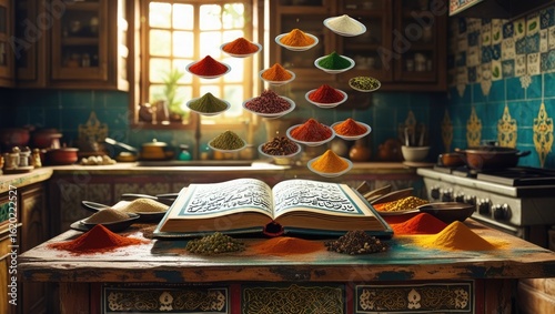 Culinary Alchemy: A captivating scene unfolds in a rustic kitchen, where a meticulously open book seemingly conjures a vibrant array of spices. The culinary world is displayed in the visual feast.