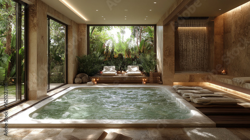 Luxurious indoor spa with bubbling hot tub, sun loungers, and lush garden views, creating a serene atmosphere of relaxation and wellness.

