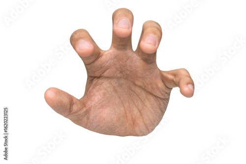 Foto front view of male hand reaching, holding or grabbing something isolated on whit