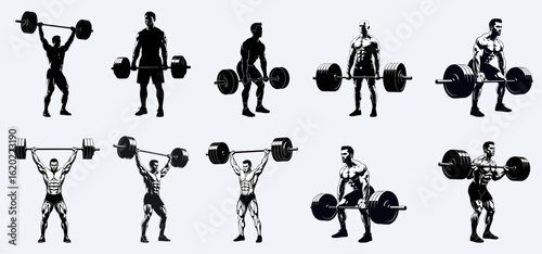Set of Silhouette of a man lifting weights on a white background