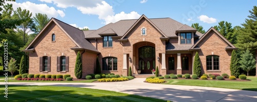 Elegant Brick Home with Lush Garden and Clear Blue Sky in a Idyllic Neighborhood