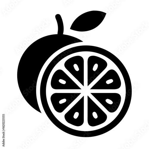 A simple solid black and white vector image of sliced orange