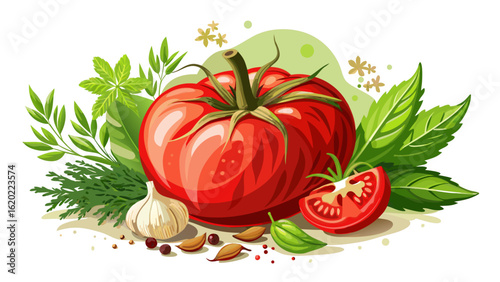 This fresh tomato, herbs and spices isolated. File white background captures garden-fresh flavor in clean design. Semi-realistic details highlight purity, culinary charm, and the organic essence of se