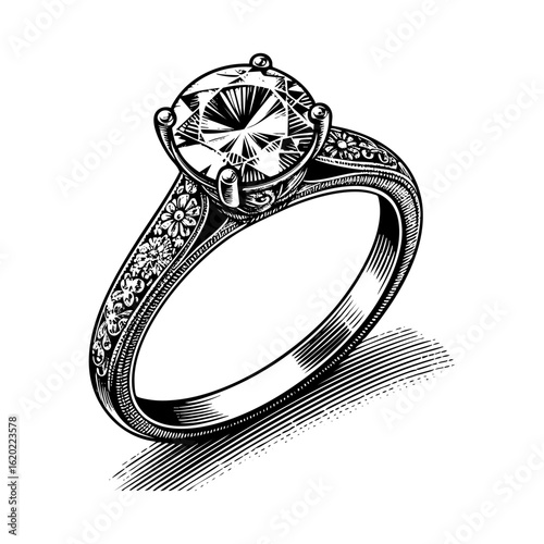 Wedding ring with diamond sketch engraving black and white outline. Scratch board imitation.