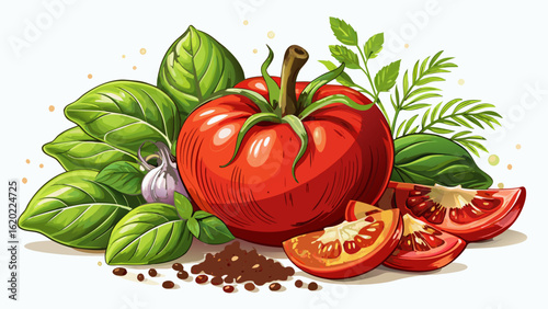 This fresh tomato, herbs and spices isolated. File white background captures garden-fresh flavor in clean design. Semi-realistic details highlight purity, culinary charm, and the organic essence of se