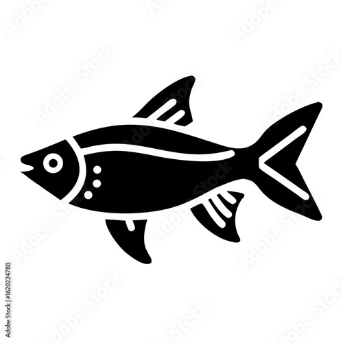 Stylized image of a black fish with yellow and red highlights