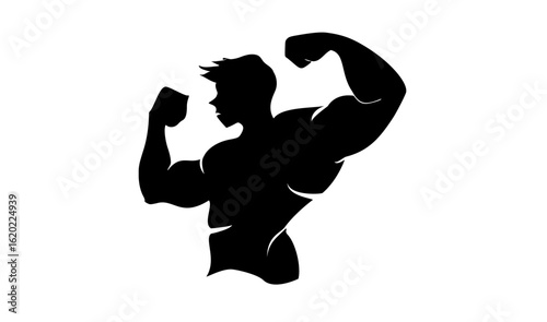 Black minimal silhouette shows strong man flexing. Perfect for fitness branding, gym posters, or silhouette challenge inspiration.