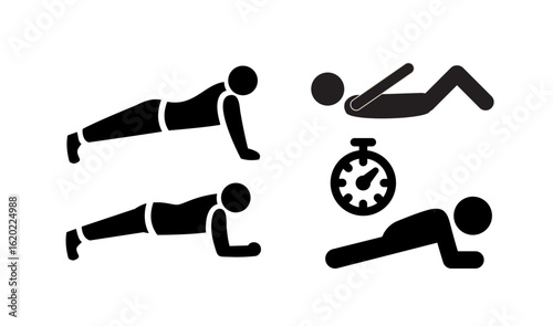 Black figure graphic shows exercises with timer. Minimal vector background for fitness or social media.
