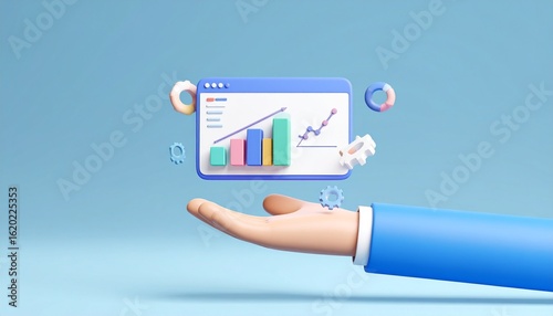 3D slide presentation icon with mini screens and graph elements floating above a hand