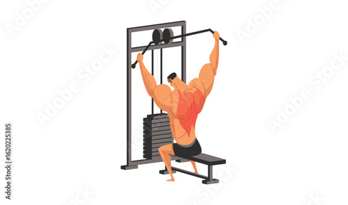Vector flat illustration shows man with muscular build exercising. For bodybuilding content, animation, and gym promotion.