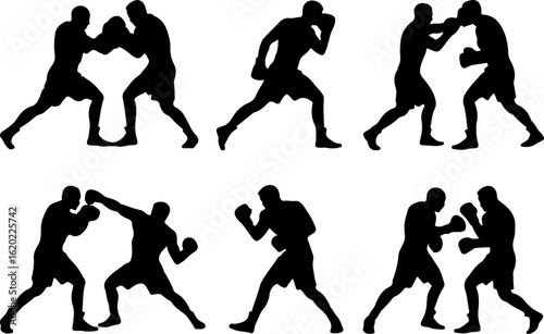 black silhouette vector illustrations of a boxing match in mid-fight