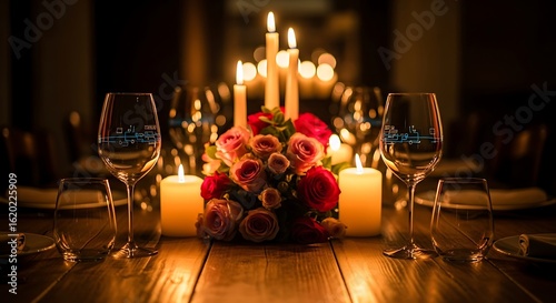 Elegant Romantic Dinner Table with Candlelit Flowers and Glassware in Warm Lighting