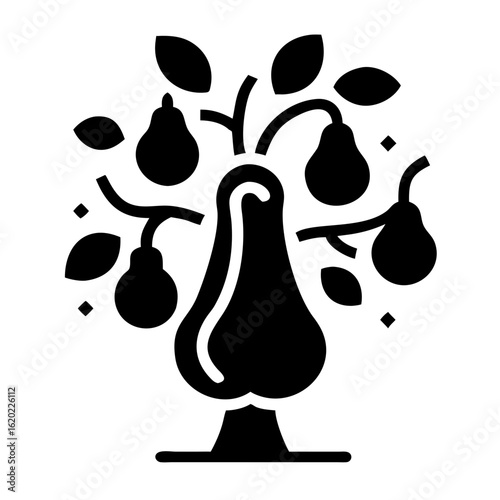 Monochrome illustration of a pear tree laden with ripe fruit and leaves