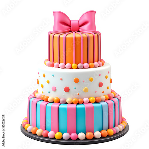 Three tier birthday cake with fondant stripes and candy dots on transparent background 